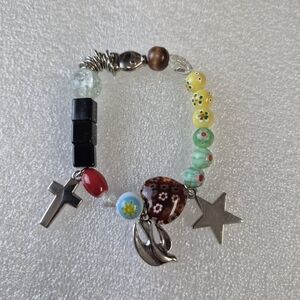 Boho Charm Bracelet Mixed Beads Cross & Bird Charms Stretch Spiritual Jewelry